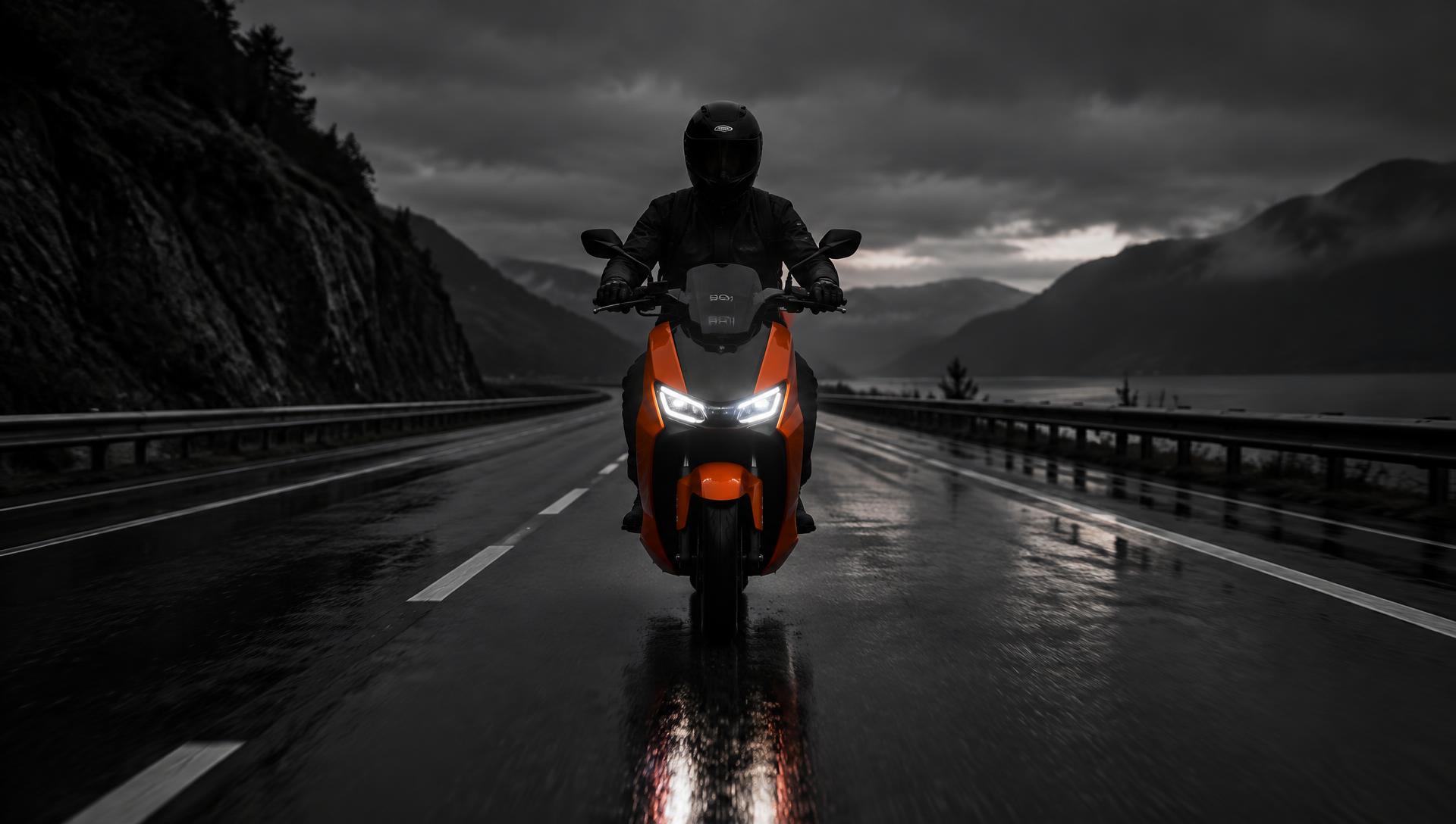 BQI electric scooter rider on a rain-slick highway at dusk